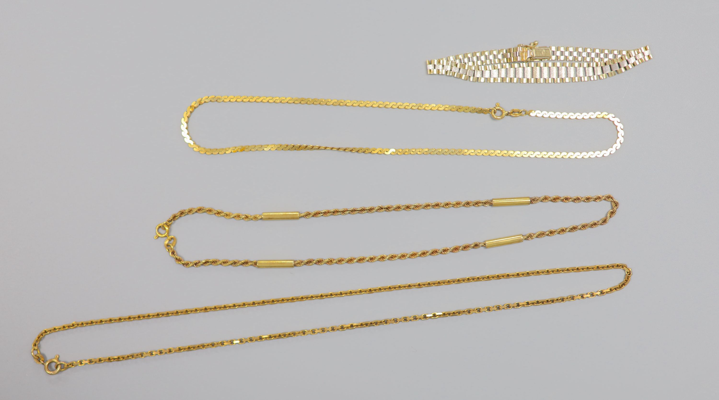 Three assorted modern 9ct gold chains including ropetwist, longest 50cm and two colour 9ct gold bracelet, 18cm